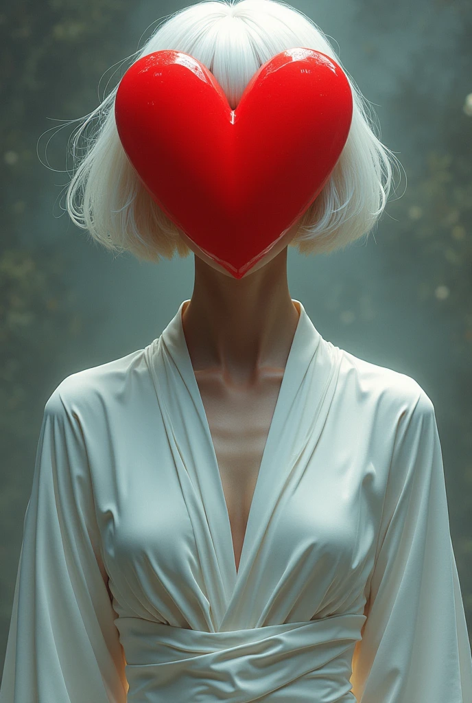 a person,white hair,short hair, heart head,red head,White clothes