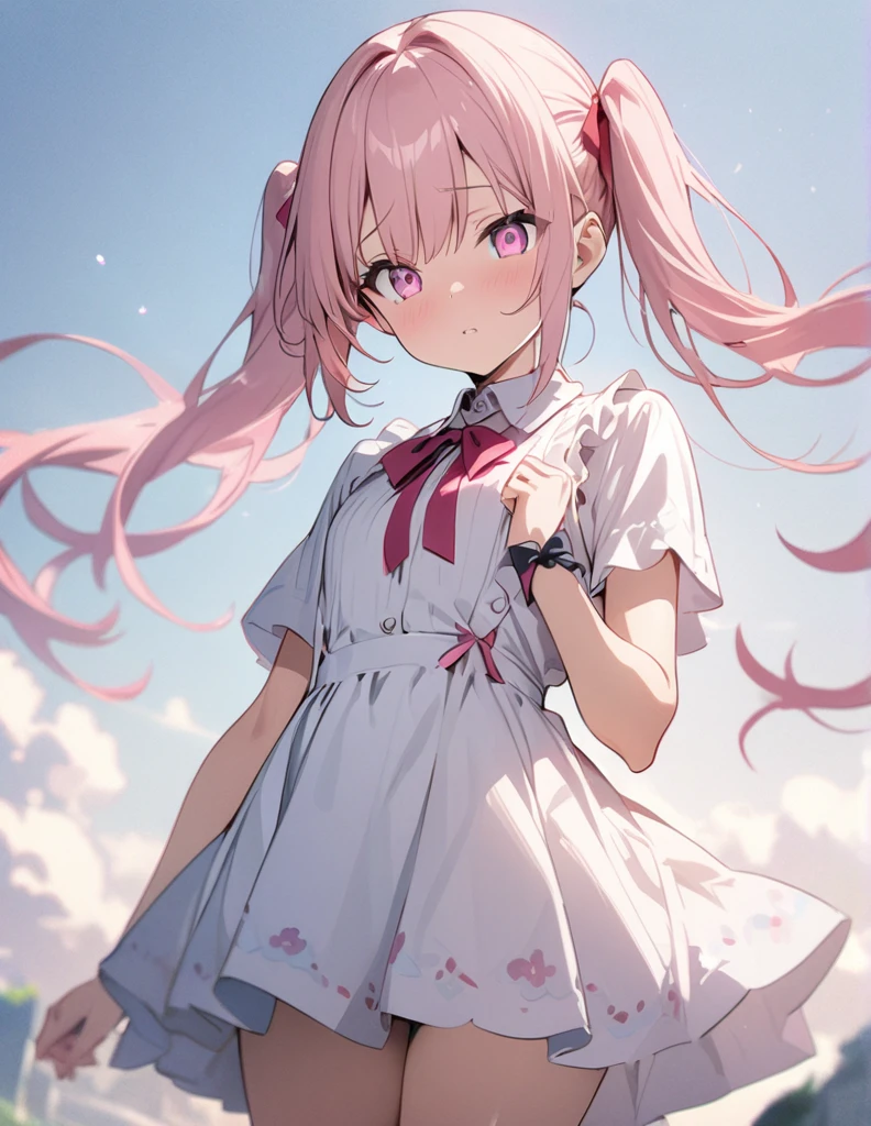 (anime)、(masterpiece:1.2),Twin tails, Pink eyes, High resolution, Cowboy Shot, ribbon,