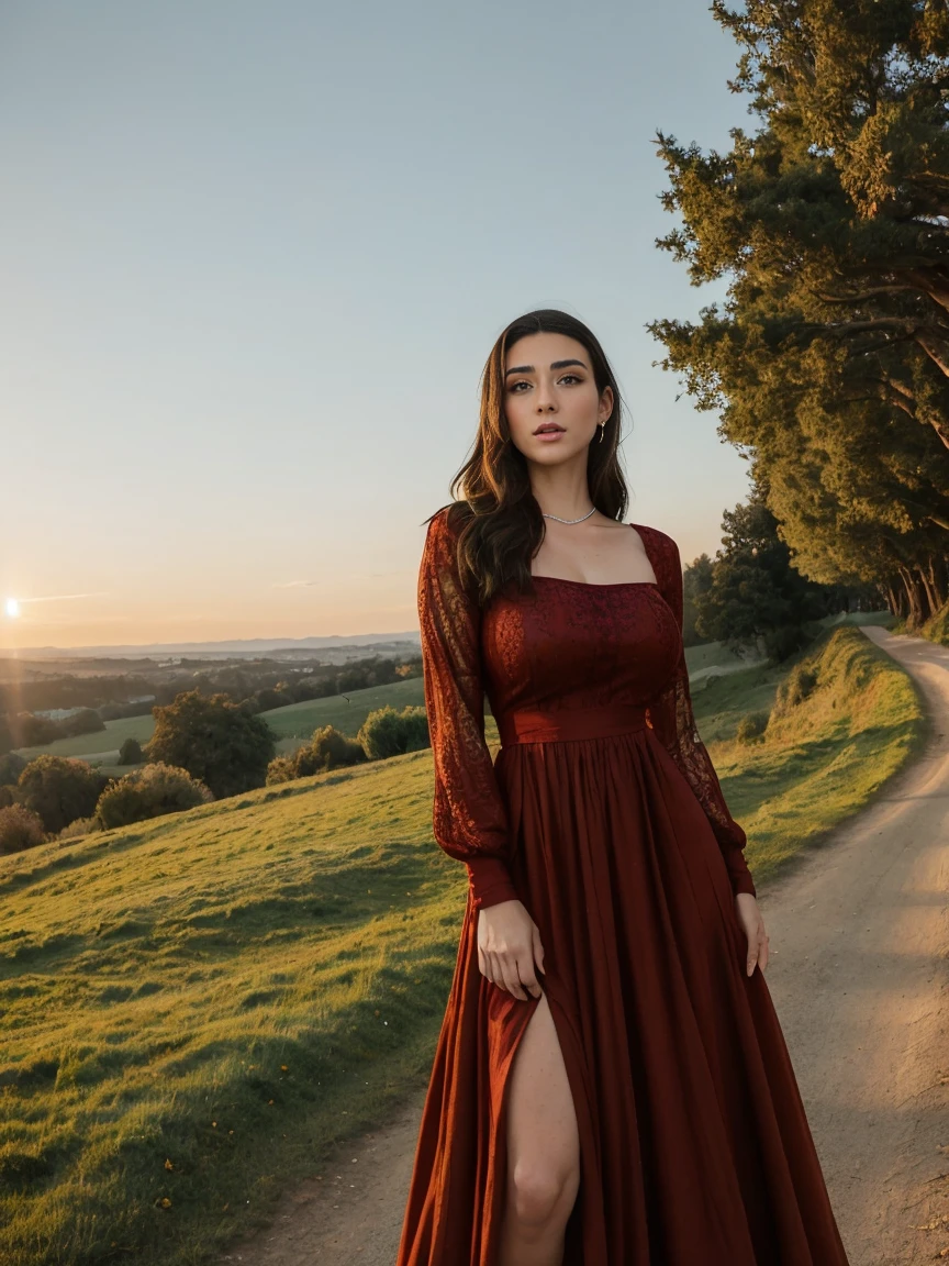Gorgeous and sultry busty athletic (thin) brunette queen with sharp facial features wearing a modest updo, dark red medieval dress, long sleeves, intricate patterns, embroidery, wide neck, crown, veil, long dress, modest dress, tight bodice, (silver waist chain), medieval jewelry, Middle Ages, castle, rampart, wall, exterior, on top of a castle wall, trees, countryside, evening, sunset.