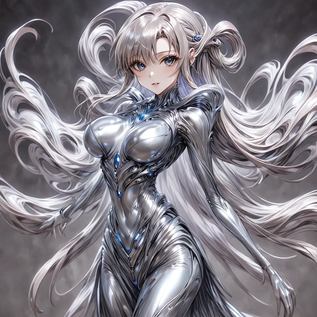 ((Highest quality)), ((masterpiece)), (detailed), (Perfect Face)、The woman is Yuuki Asuna, a completely metallic lifeform with metallic silver skin, a metallic silver face, and metallic silver hair in medium-long layers.、The woman is a metallic lifeform whose entire body and face are made of metal.