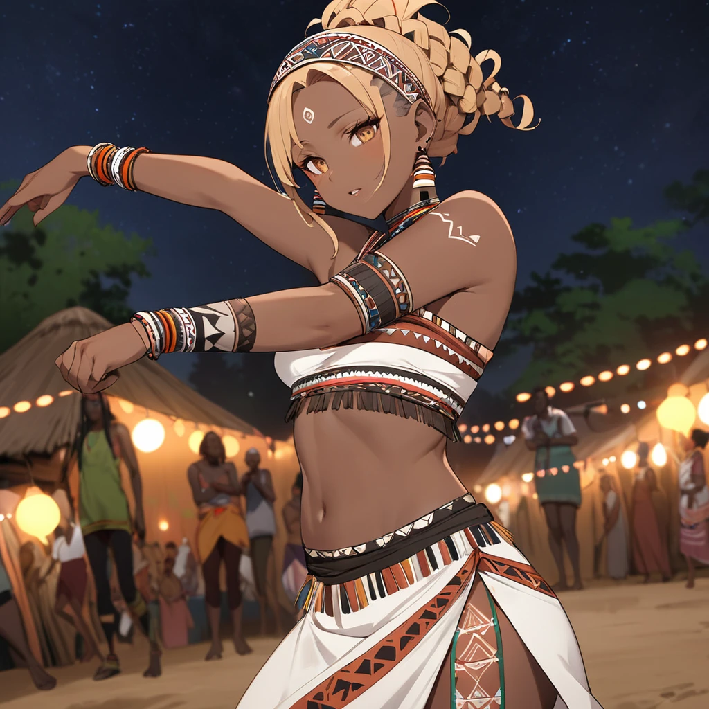 ((Highest quality)), ((masterpiece)), (detailed), (Perfect Face)、The woman has bright black skin、Strong curly hair slicked back、Black, dark skinned, African native tribal woman、The amount of hair is small、Light brown hair、Very short curly hair、Braided hair with detailed braids and slicked back、Her hair is braided and thin, and she wears a tribal headdress and a tribal headscarf.、African black woman beautifully dressed in tribal clothing, tribal earrings and tribal accessories, wearing tribal makeup、A beautiful tribal woman with tattoos all over her body、A woman is dancing a dance dedicated to the spirits at a night festival in a tribal village.