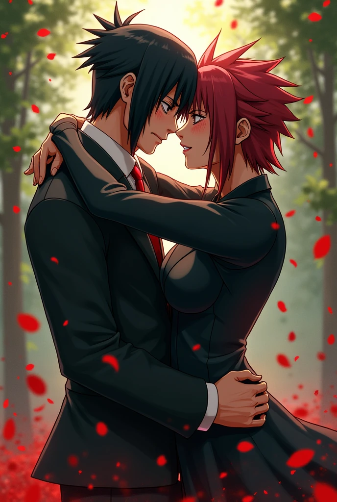 Naruto Uzumaki and Sasuke Uchiha looking in love, with suit and with blood splatter details and rose petals around