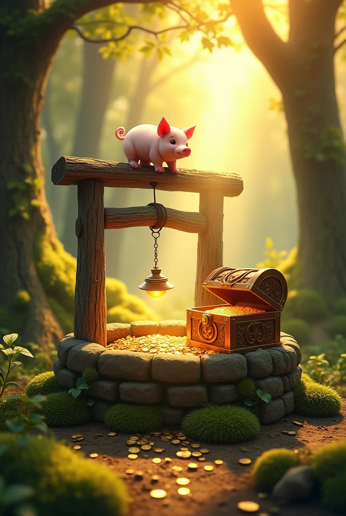 A well in the forest with a cute pig on the edge of the well and a treasure chest with gold, silver and golden sunlight shining down.