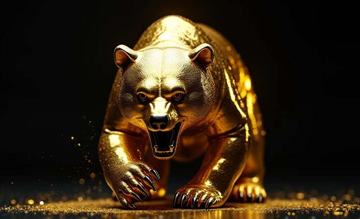 an angry shiny chrome gold bear attacking from below with its black background gold bear