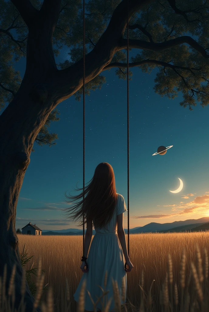 An image in the field at night, a woman with long brown hair (fluttering) on your back under a tree that has a swing. It's night and you can see the stars in the sky, a lua e os aneis de Saturn, Saturn. The sky is dark. She is in a wheat field, and far on the horizon you can see a small house