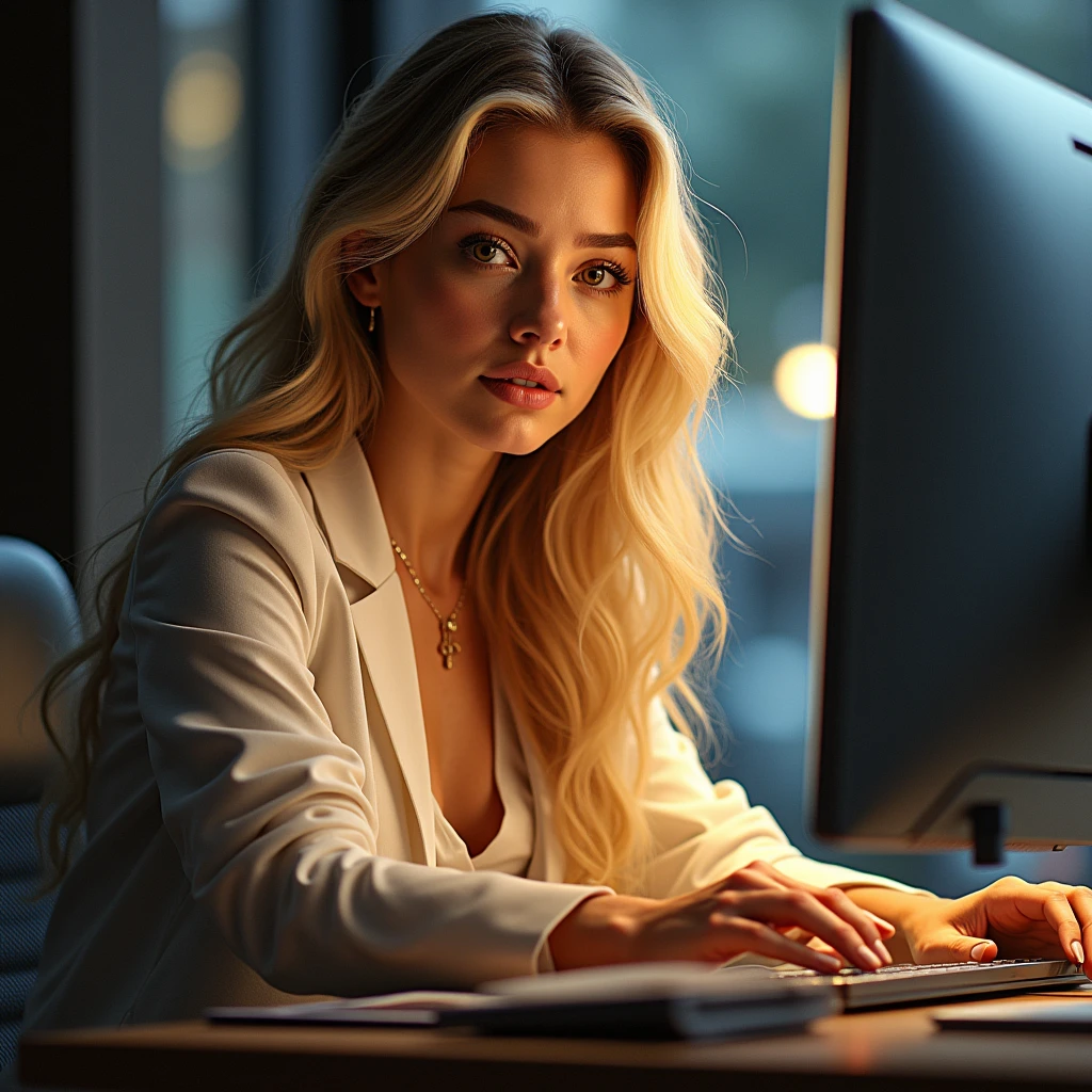a beautiful girl with long blonde hair, detailed eyes, nose, and lips, wearing professional outfit, siting in her office, using her computer, hp comuter (best quality,4k,8k,highres,masterpiece:1.2),ultra-detailed,(realistic,photorealistic,photo-realistic:1.37),HDR,studio lighting,extremely detailed face and body, portrait,cinematic lighting,dramatic lighting,warm color tones,dramatic colors