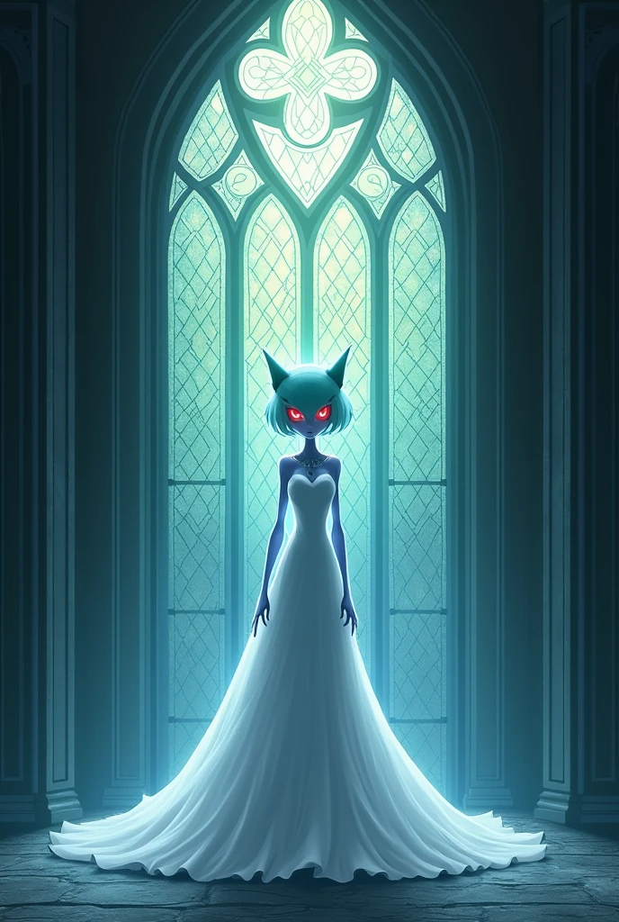 Image du pokemon gardevoir avec un arrière plan vitrail, cold tones