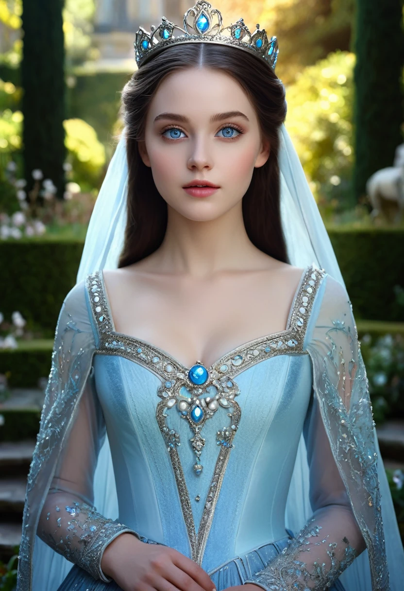 a beautiful young princess evangeline frostheart, long dark brown hair, porcelain white skin, light blue eyes, sweet gentle gaze, princess in palace garden, accompanied by her ladies-in-waiting, detailed, long take, static and symmetrical framing, medieval film filter, low and closed angle, close up, indirect and diffuse lighting, dark fantasy, fairy tale movie scene, photo-realistic, dark fantasy illustration, cinematic, (best quality,4k,8k,highres,masterpiece:1.2),ultra-detailed,(realistic,photorealistic,photo-realistic:1.37),HDR,UHD,studio lighting,ultra-fine painting,sharp focus,physically-based rendering,extreme detail description,professional,vivid colors,bokeh