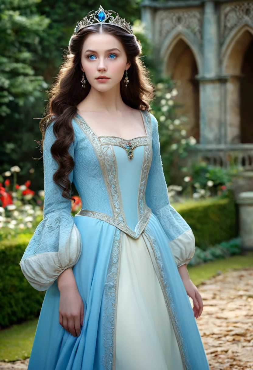 a beautiful young princess evangeline frostheart, long dark brown hair, porcelain white skin, light blue eyes, sweet gentle gaze, princess in palace garden, accompanied by her ladies-in-waiting, detailed, long take, static and symmetrical framing, medieval film filter, low and closed angle, close up, indirect and diffuse lighting, dark fantasy, fairy tale movie scene, photo-realistic, dark fantasy illustration, cinematic, (best quality,4k,8k,highres,masterpiece:1.2),ultra-detailed,(realistic,photorealistic,photo-realistic:1.37),HDR,UHD,studio lighting,ultra-fine painting,sharp focus,physically-based rendering,extreme detail description,professional,vivid colors,bokeh