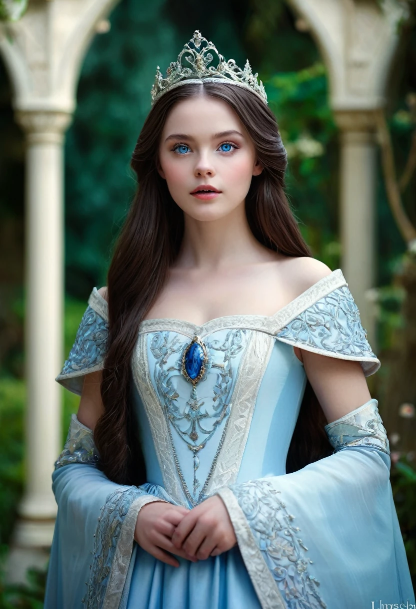 a beautiful young princess evangeline frostheart, long dark brown hair, porcelain white skin, light blue eyes, sweet gentle gaze, princess in palace garden, accompanied by her ladies-in-waiting, detailed, long take, static and symmetrical framing, medieval film filter, low and closed angle, close up, indirect and diffuse lighting, dark fantasy, fairy tale movie scene, photo-realistic, dark fantasy illustration, cinematic, (best quality,4k,8k,highres,masterpiece:1.2),ultra-detailed,(realistic,photorealistic,photo-realistic:1.37),HDR,UHD,studio lighting,ultra-fine painting,sharp focus,physically-based rendering,extreme detail description,professional,vivid colors,bokeh