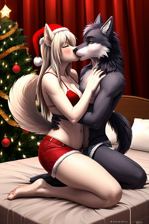 Wolf stripper bikini short shorts Christmas kneeling on the bed kissing 