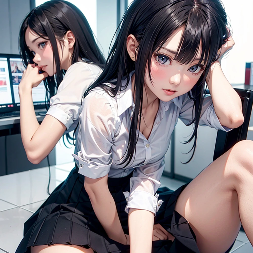 a beautiful office lady with black hair, wearing a flared skirt and a shirt, embarrassed facial expression, mature, (upskirt view from low angle:1.0), pastel panties,(1 person:1.5),(upskirt:1.5)