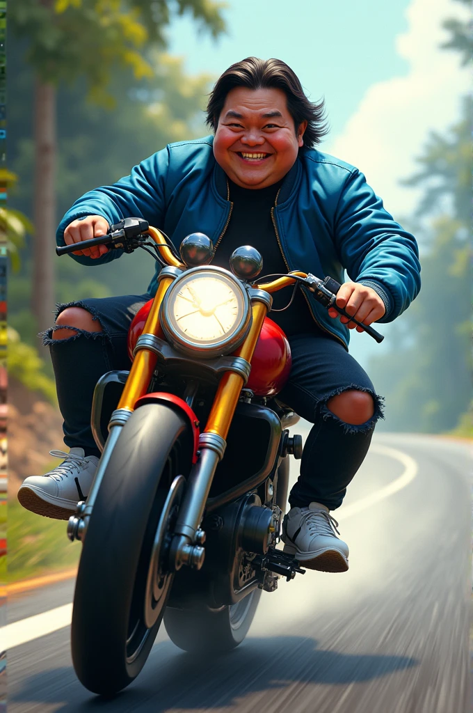 A fat, chubby-cheeked, long-haired Indonesian man wearing a black t-shirt and a blue bomber jacket,wearing black jeans ripped at the knees while riding a MotoGP motorbike,wearing white Nike shoes