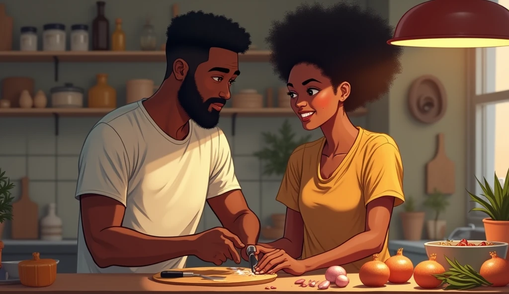 Un homme en train de découper des oignons avec des larmes aux yeux, tandis que la femme à côté de lui le regarde avec un sourire amusé.
Homme et femme noir africaine