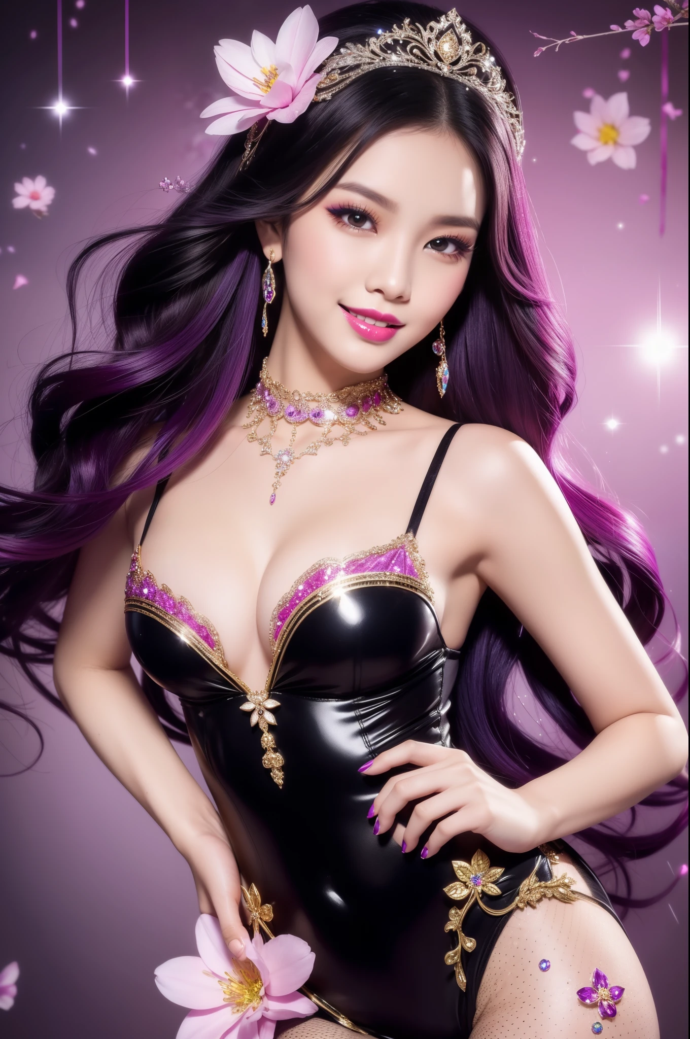 sexy Thai model who controls poison、beautiful smile、lip-gloss、bold lipstick、intense makeup、look at the camera、full body Esbian、、sparkling poisoned flower costume、、、、sparkling Colorful hair、secrete poison、skull hair accessories、sexy tights、shiny sparkling flowers background