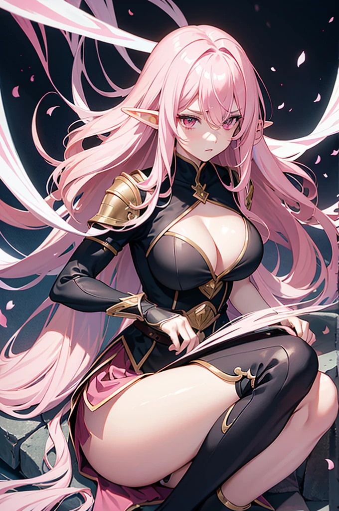 elf, pale skin, pink hair, long wavy hair, hair bang cover one eye, large breasts, milf, black armor, pink eyes, pink eyebrows, serious face, mild muscle, cleavage, skirt, sit knees, looking up