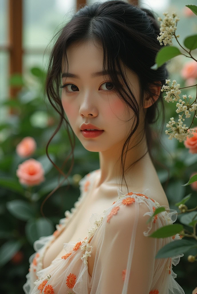 In a lush indoor garden、A Japanese woman is wearing a floral sheer top、A close-up of her breasts and soft flowers in the background、Creating harmony between nature and beauty。
