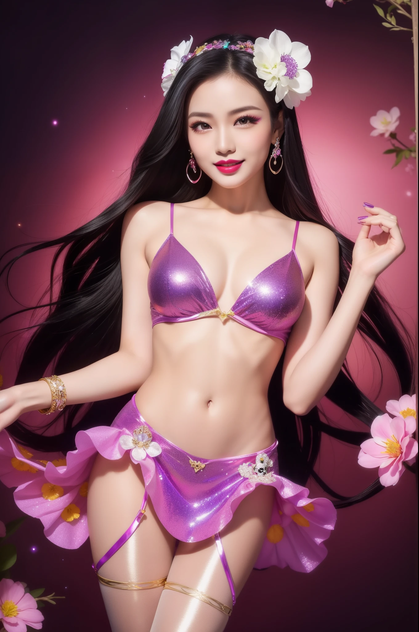 sexy Thai model who controls poison、beautiful smile、lip-gloss、bold lipstick、intense makeup、look at the camera、full body Esbian、、sparkling poisoned flower costume、、、、sparkling Colorful hair、secrete poison、skull hair accessories、sexy tights、shiny sparkling flowers background