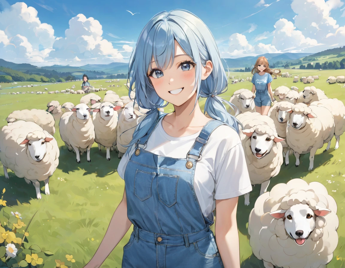 Light blue long hair、beautiful girl with twin tails、T-shirt and denim jumpsuit、A happy smile、Sheep pasture、Lots of sheep、Smiling girl holding a sheep、blue sky、Two dogs watching over sheep
