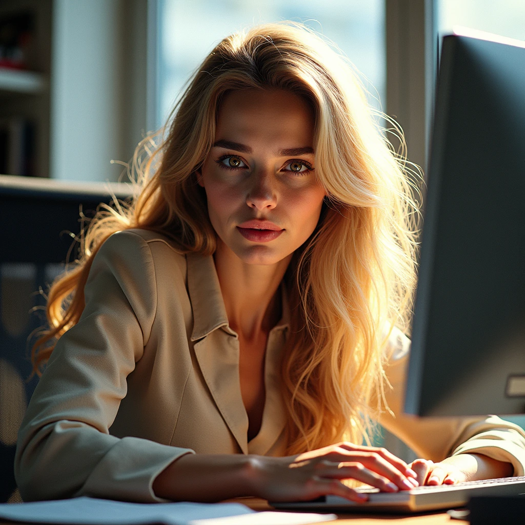 a beautiful girl with long blonde hair, detailed eyes, nose, and lips, wearing professional outfit, siting in her office, using her computer, hp comuter (best quality,4k,8k,highres,masterpiece:1.2),ultra-detailed,(realistic,photorealistic,photo-realistic:1.37),HDR,studio lighting,extremely detailed face and body, portrait,cinematic lighting,dramatic lighting,warm color tones,dramatic colors