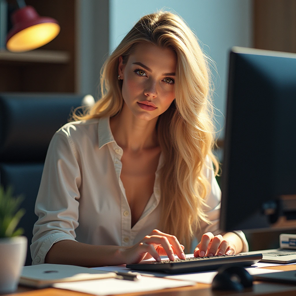 a beautiful girl with long blonde hair, detailed eyes, nose, and lips, wearing professional outfit, siting in her office, using her computer, hp comuter (best quality,4k,8k,highres,masterpiece:1.2),ultra-detailed,(realistic,photorealistic,photo-realistic:1.37),HDR,studio lighting,extremely detailed face and body, portrait,cinematic lighting,dramatic lighting,warm color tones,dramatic colors