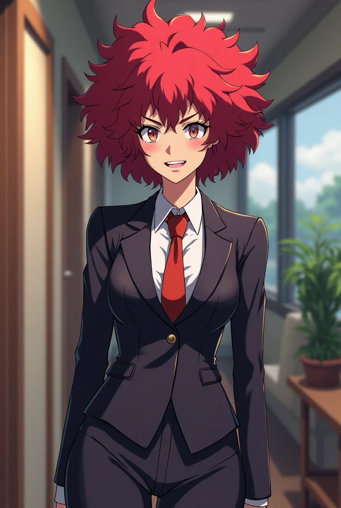 I want you to create Mina Ashido but with an office suit and with big chests