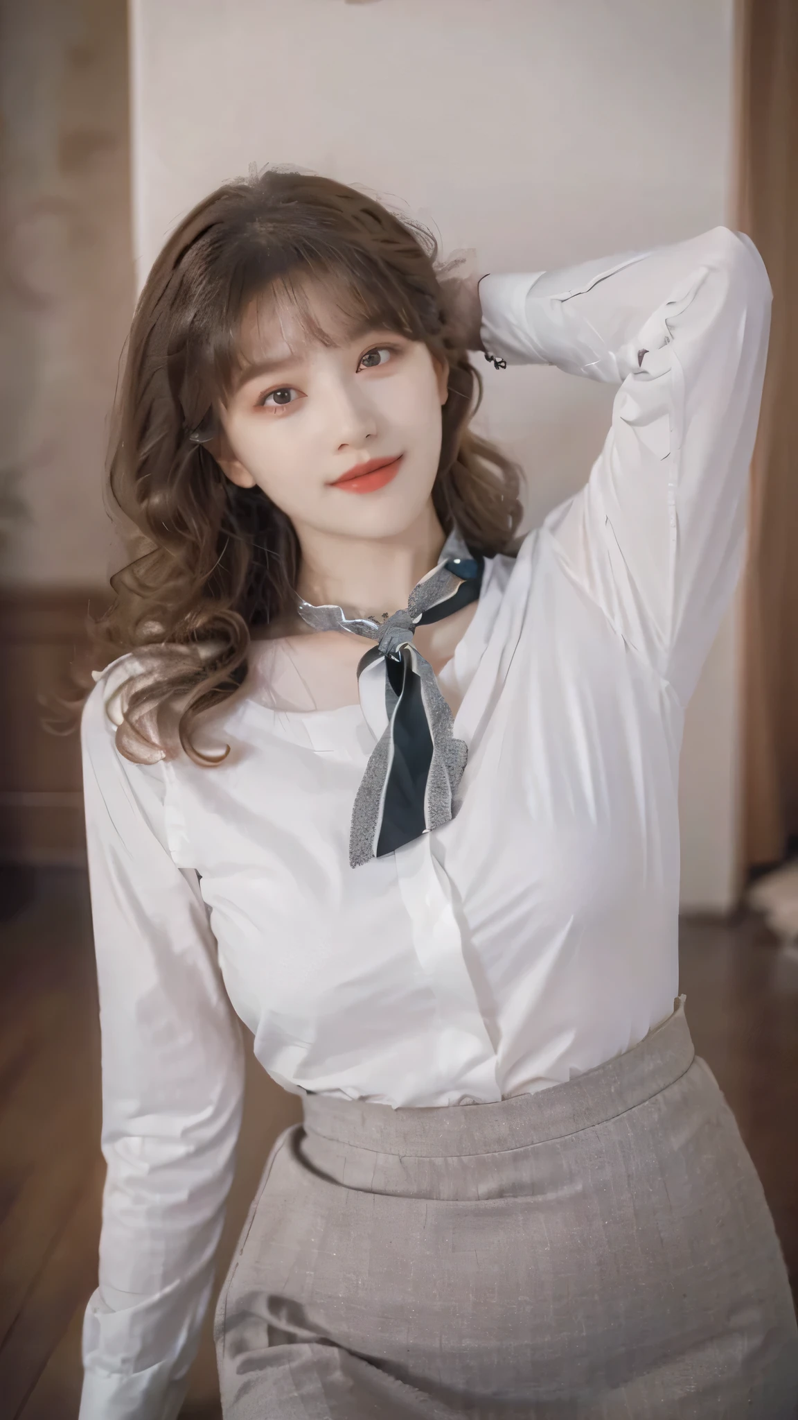 detailed background, masterpiece, best quality, 1 person , curly hair, long hair, purple eyes, star in eye , grey blouse, long skirt, grey , grey blouse , beautiful bow, detailed bow, indoor , hair accessories, jewelry, red lips