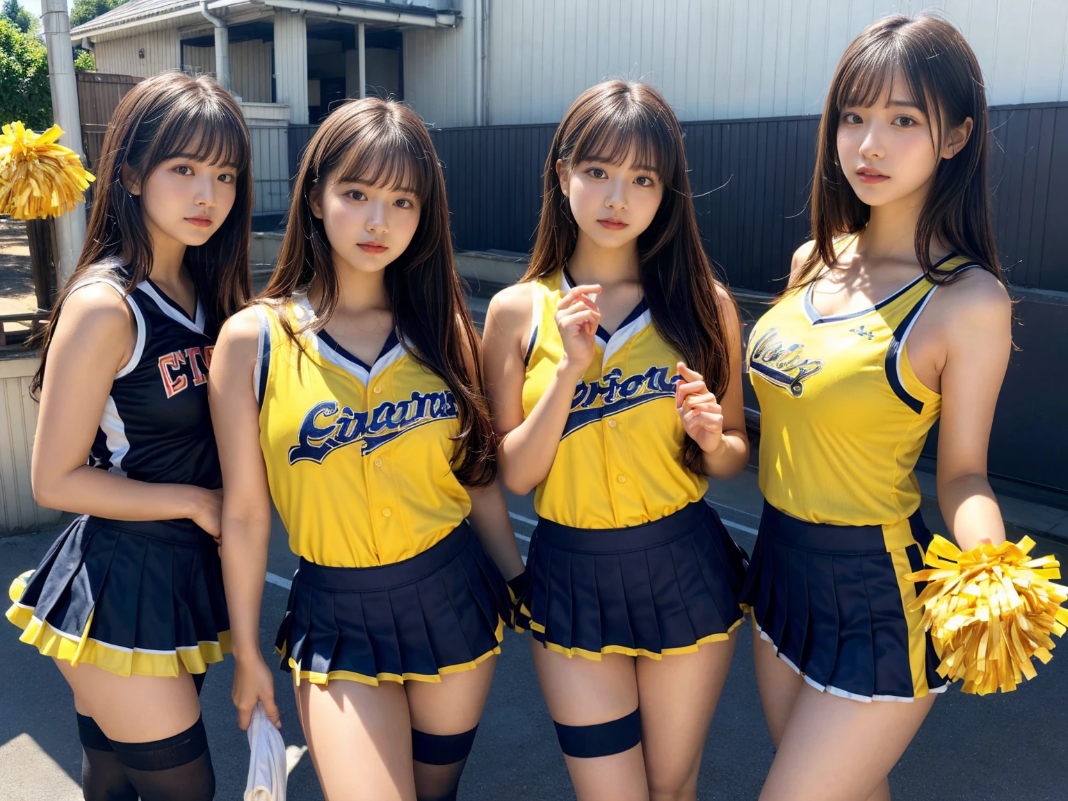 masterpiece, best quality, illustration, Super detailed, fine details, High resolution, 8K,wall paper, perfect dynamic composition,(Details High quality, realistic depiction of eyes:1.3), (3 girls), BREAK (cheerleader uniform with yellow as basic color:1.3), (holding a yellow pompoms in hand:1.4), (sleeveless yellow tunic with baseball team logo:1.4), yellow tops, (bold V-neck:1.3), ((Blue lines, black lines) on tops:1.3), ((fit and flare, A-line):1.3), (A-line yellow rah-rah skirt:1.3), mini skirt, (black socks:1.3), (sports shoes:1.2), sitting, open legs, short bob hair, in a hotel room in the background, deep on field, large breasts, black hair color, Big Natural Color Lip, (perfect body shape), crying a little、Harajuku style、20 year old girl、cute type、beautiful legs, Gravure Idol