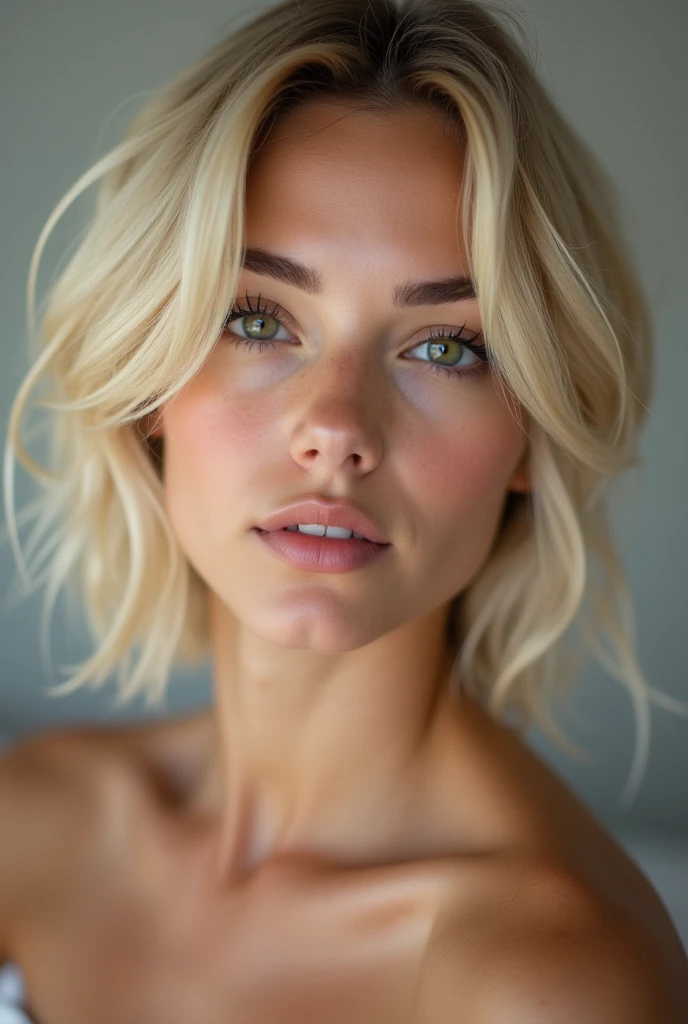 see through，beautiful and fair、radiant skin, 3 up, gorgeous, bright, Refreshing and soft expression., Perfect beautiful face、Hermoso flequillo bright, a very beautiful 17 year old girl, eyeliner, very perfect eyes，very big breasts，The grooves reveal the original skin， naked body short blonde hair 