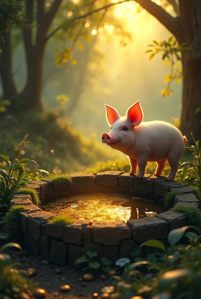 A well in the middle of the forest, with a cute pig on the edge of the well, and a treasure chest with gold, silver, and golden sunlight shining down.
