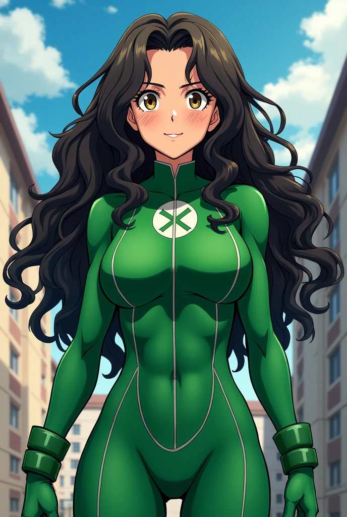 Superheroine in green suit with long curly hair, with freckles, Brown eyes, Bokuno Hero Academia