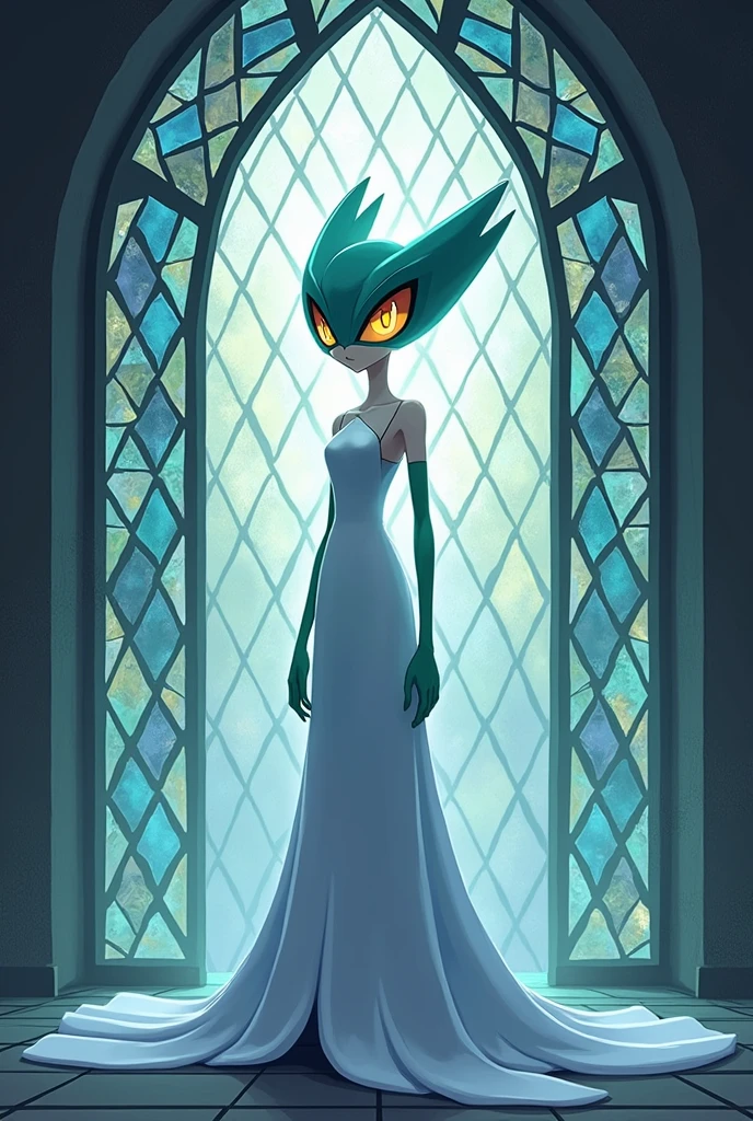 Image du pokemon gardevoir avec un arrière plan vitrail, tons froid, dans le style pokemon original

