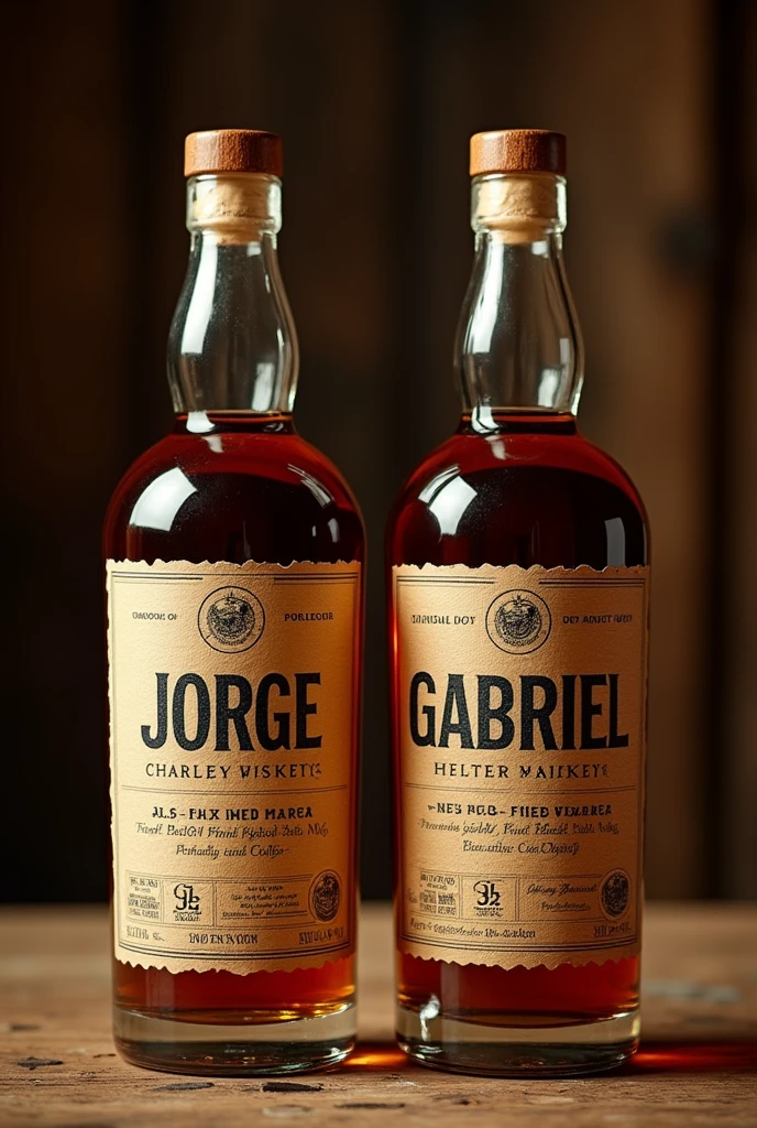 Whiskey bottle with Jorge label and Whiskey bottle with Gabriel label 
