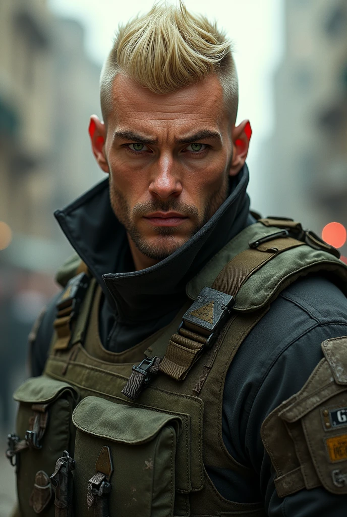 Male mercenary
with short blonde buzz cut hair,green eyes