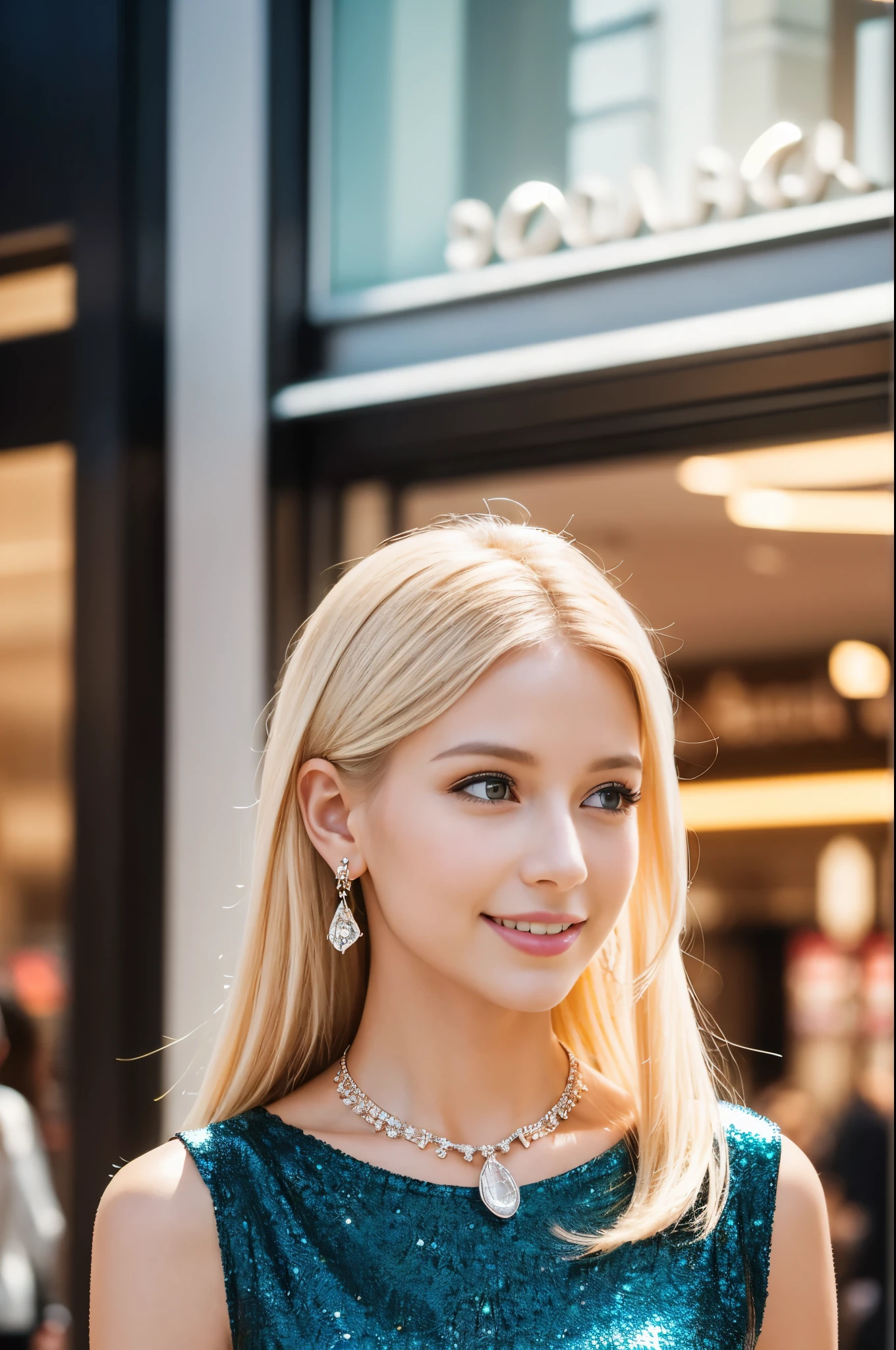 (best quality, 4k ,8k, highres, masterpiece:1.2), ultra-detailed, (realistic, photorealistic, photo-realistic:1.37), closeup, beautiful Swedish woman, beautiful smile, long lashes, beautiful makeup, platinum blonde hair, fair skin, slender figure, elegant posture, wearing large sparkling colorful jewelery, wearing a business style black leather dress, standing in a large shopping mall, gentle sunlight shining through the shopping mall windows, casting a soft glow on her face, adding warmth to the scene, vibrant colors, capturing the essence of vibrant city life, portrait style, showcasing her natural beauty and grace in a feminine way