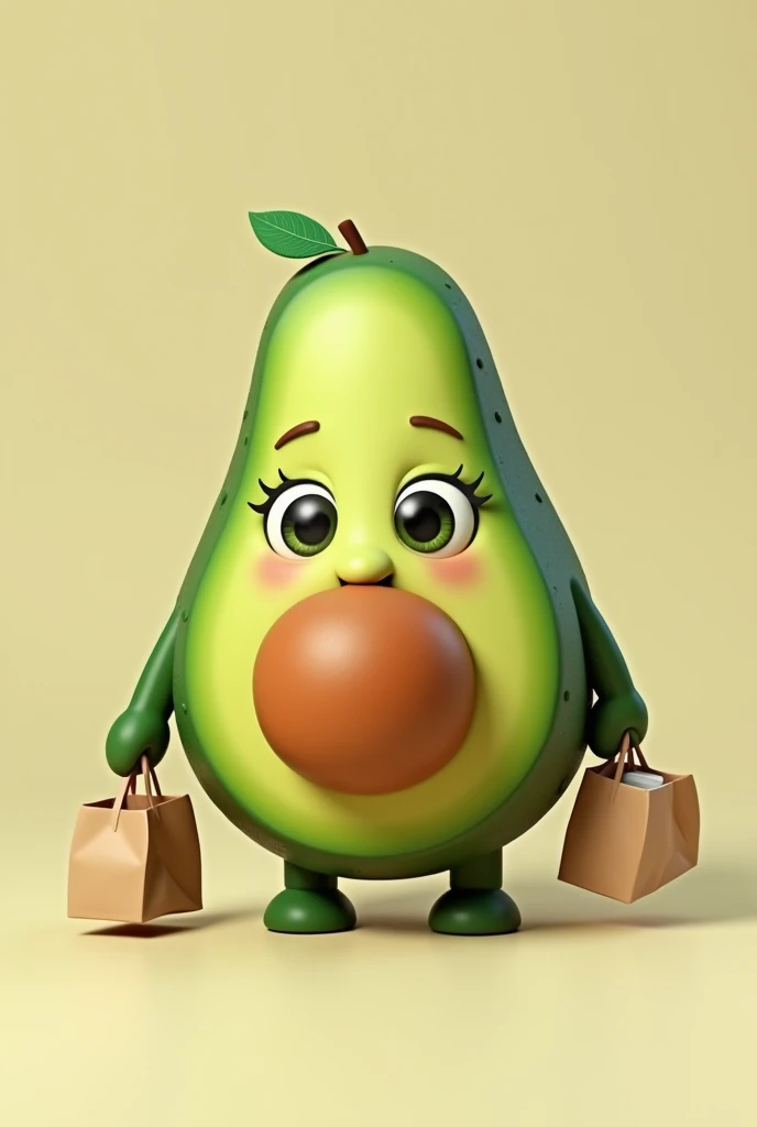 an avocado,with eyelashes,with lips,that is bringing bags