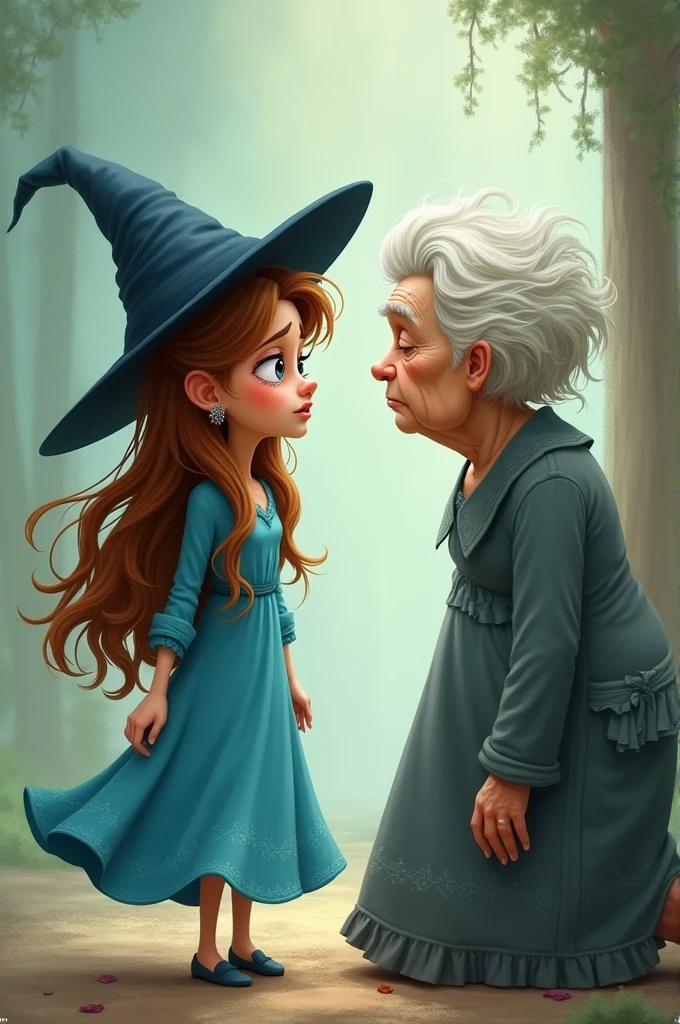 cartoon with long hair, hat, blue dress is crying because there is cruel old women