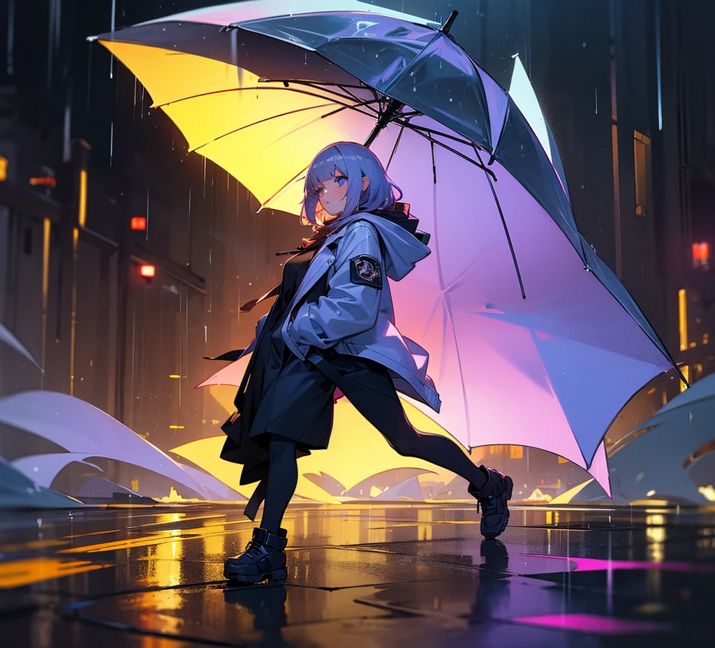 A girl who's wearing a jacket with her hood on walking in the rain at night in the city