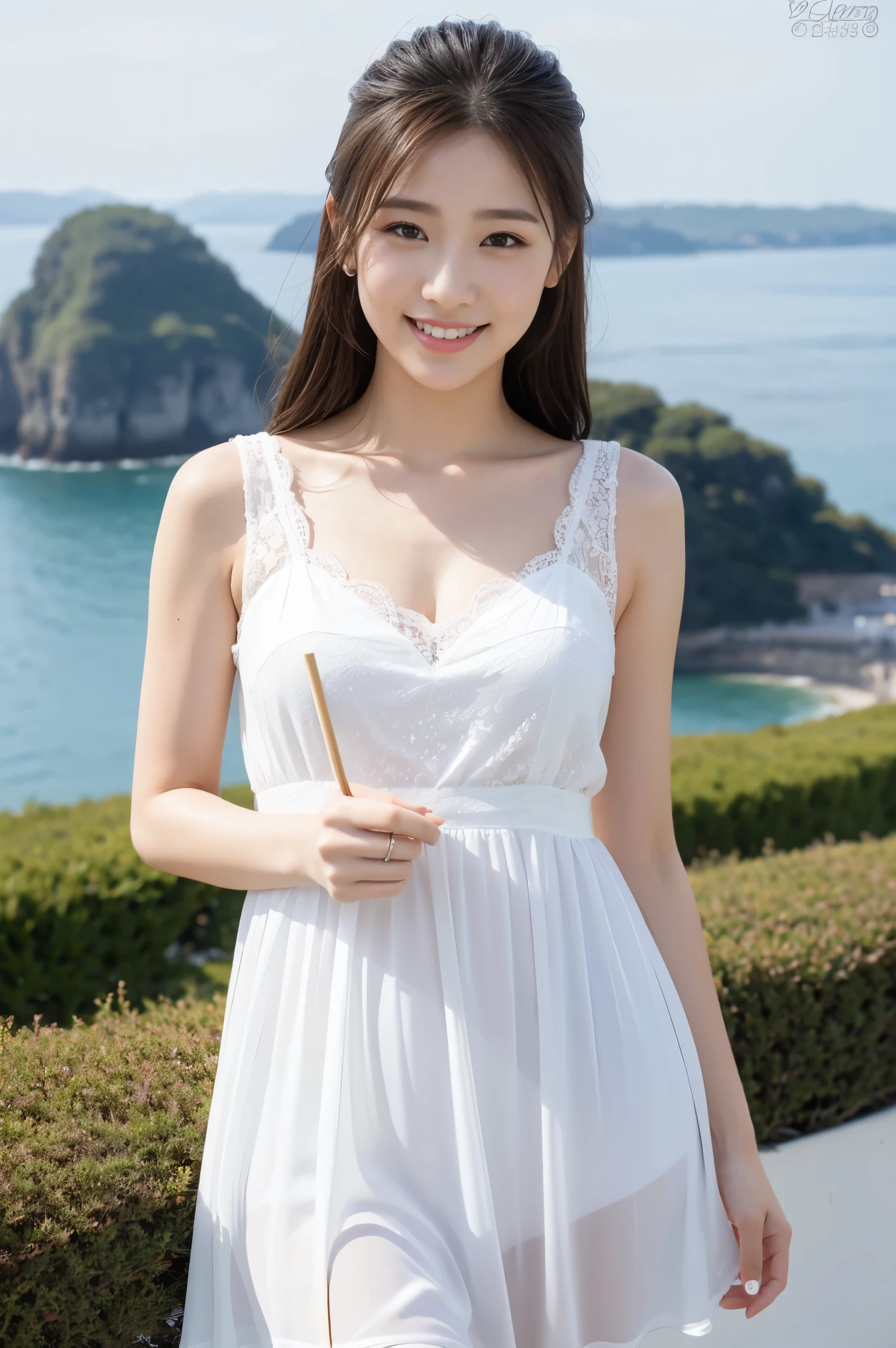 (8k), (highest quality: 1.2), (realistic), (realistic: 1.37), ultra high resolution, 1 girl, cute, smile, closed mouth, beautiful details, beautiful nose, whole body, wet hair, giant dulcefo, pork, thighs, dark white Dress,sleeveless dress,mini dress,seaside,