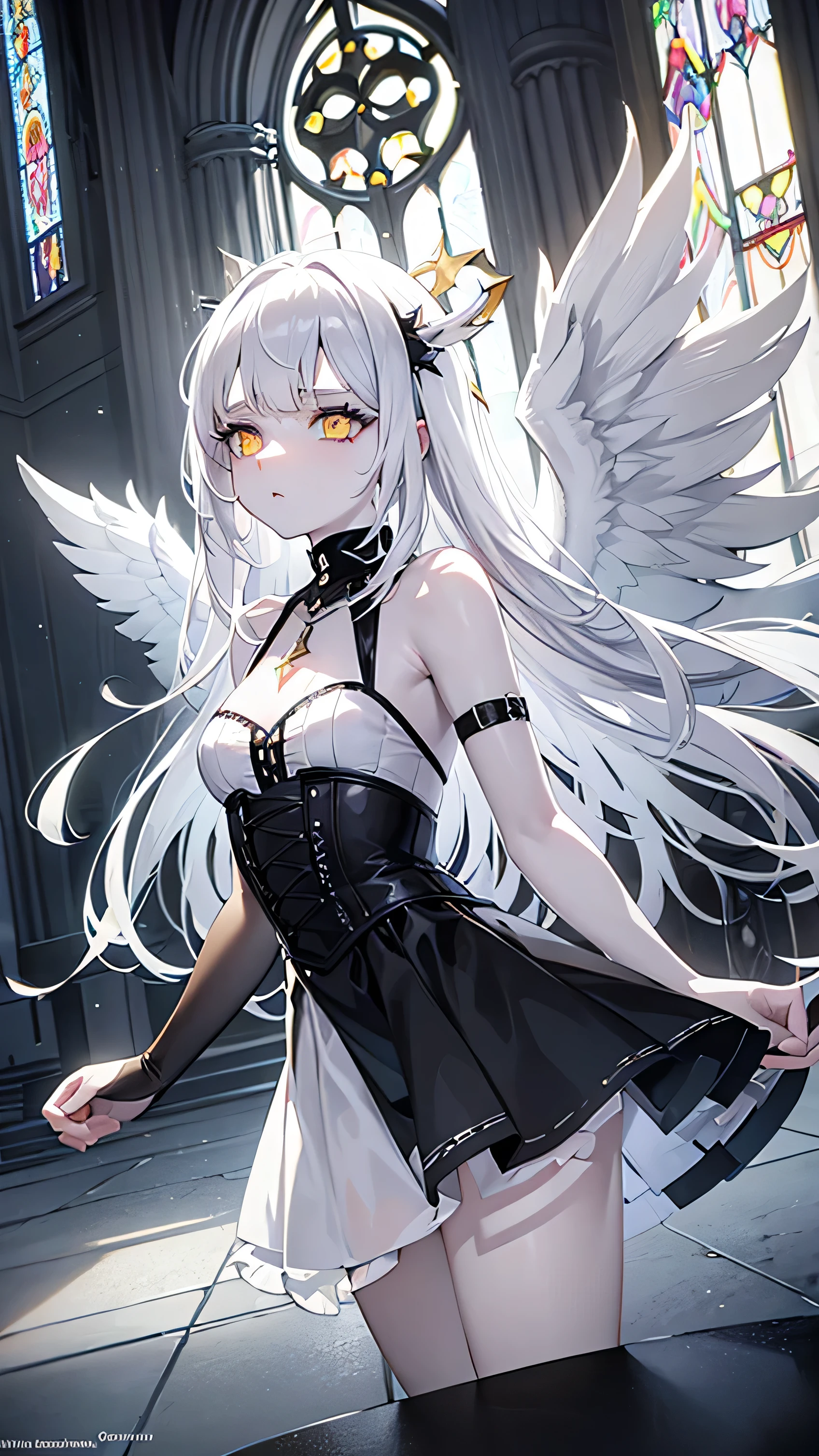 pale skin, white hair, build, yellow amber eyes, no expression, empty eyes, fallen angel, black angel wings, black gothic dress, cathedral, stained glass, glow, god rays, ethereal, dreamy, heavenly, otherworldly, dream-like, breathtaking, captivating, divine, short skirt,