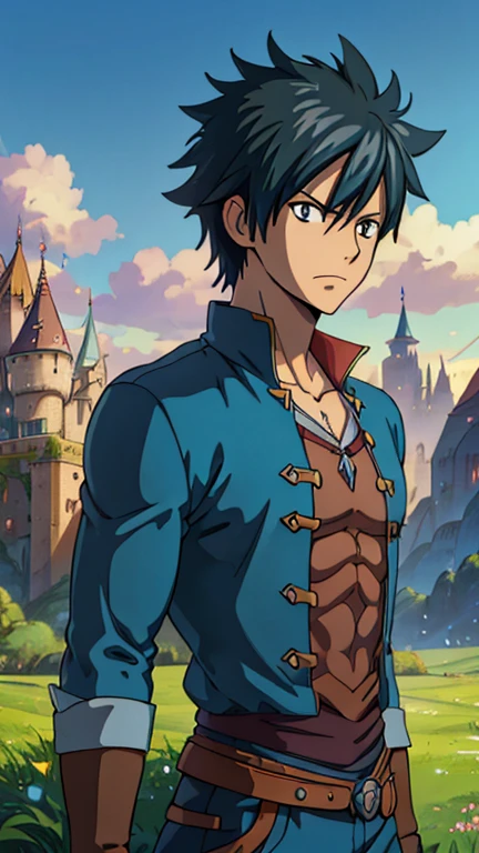 (1man, gray_fullbuster), (extremely detailed CG unit 8k wallpaper),(master part), (best quality), (ultra detail), (best illustration),(ghibli style), cowboy shot, (Sharp eyeliner, ombre, detail eyes:1), Hogwarts, outdoors background, ,break , (fairytaleai), upper body,