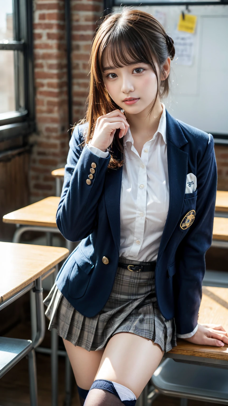 masterpiece, best quality, illustration, Super detailed, fine details, High resolution, 8K,wall paper, perfect dynamic composition,(Details High quality, realistic depiction of eyes:1.3), from side, High School Classroom、High school girl uniform、blazer 、Super Short Check Uniform Skirt、Navy blue high socks、garterbelts、plump breasts, Disturbed uniform, (updo:1.2), black hair color, large breasts, Big Natural Color Lip, bold sexy pose, (perfect body shape), crying a little、20 year old girl、cute type, beautiful legs, hposing Gravure Idol, Voluptuous thighs