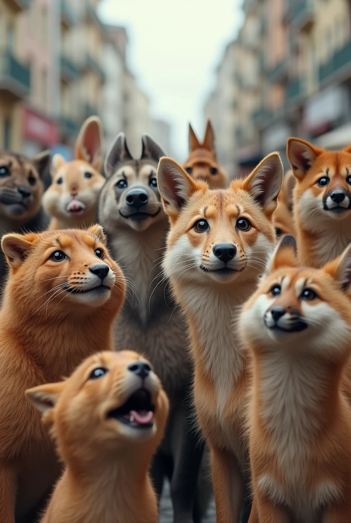 several animals taking selfies with cell phones, funny and exactly at the moment of a fall. The image is for tiktok profile with fun background and wide image