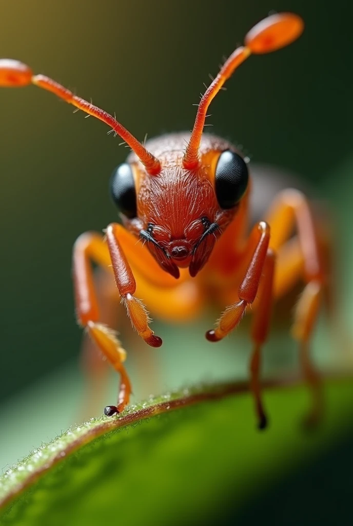 An ant, zoom ultra, all the details of the paws, focus on head and antennas, she holds a leaf, cinematic lighting, glowing light, uhd, masterpiece, accurate, super detail, highres