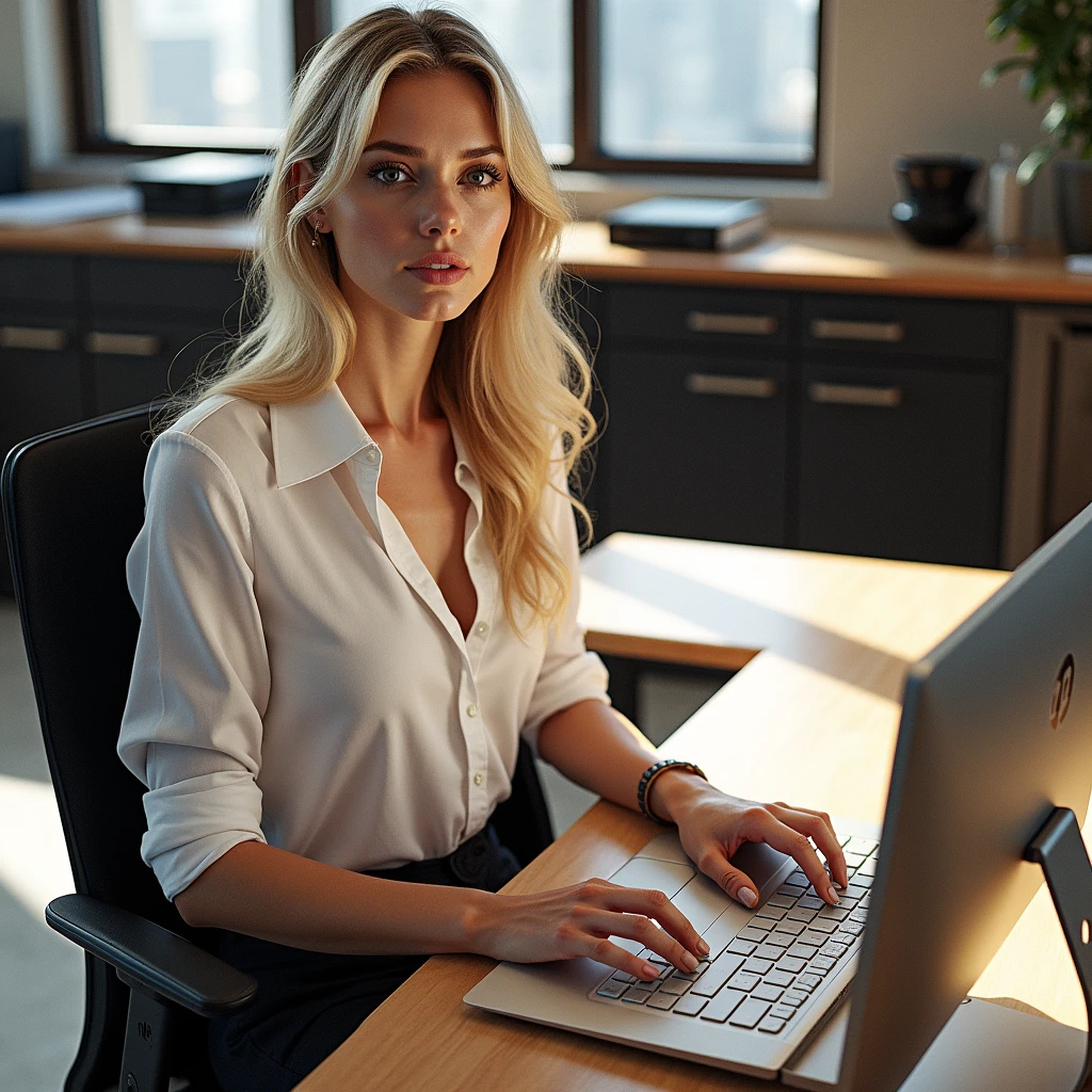 a beautiful girl with long blonde hair, detailed eyes, nose, and lips, wearing professional outfit, siting in her office, using her computer, hp comuter (best quality,4k,8k,highres,masterpiece:1.2),ultra-detailed,(realistic,photorealistic,photo-realistic:1.37),HDR,studio lighting,extremely detailed face and body, portrait,cinematic lighting,dramatic lighting,warm color tones,dramatic colors