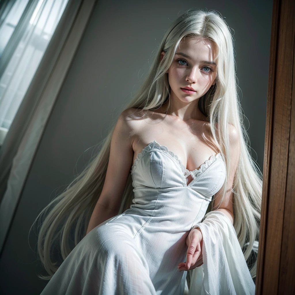 ((best qualityer)), ((work of art)), ((detailded)), super realistico, a beautiful young woman, young white color, Long, wavy hair, White hair, blue colored eyes, elegant outfit, elegant pose, top quality picture, super realistico, 8 k quality, ultra realisitic, cinema quality