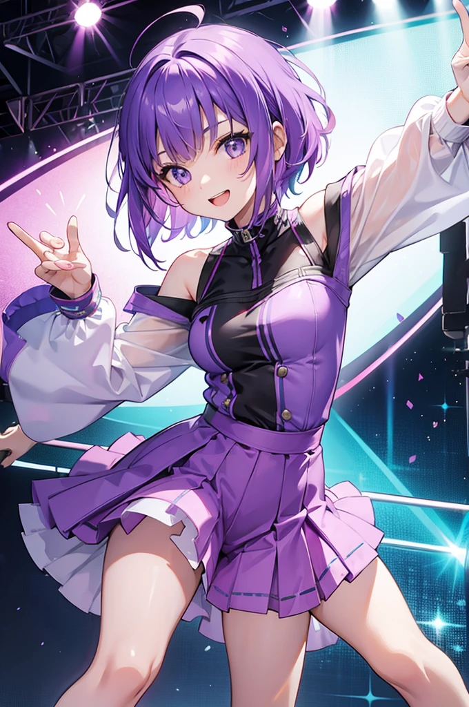 girl, short purple hair, happy, dancing, colorful outfit