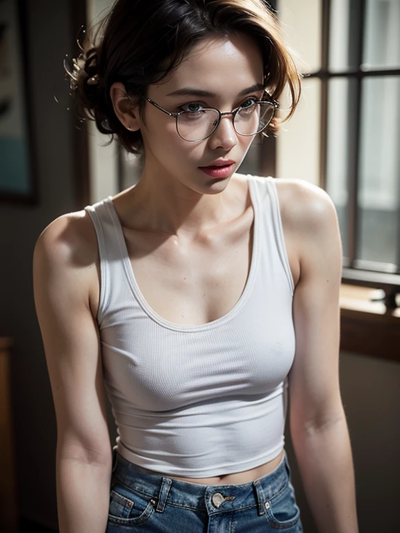 nsfw, (masterpiece:1.2, highest quality), (Realistic, photoRealistic:1.4), Beautiful illustrations, (Natural Side Lighting, Cinema Lighting), Written boundary depth, Beautiful thighs staring at the viewer, (((Face Focus, Upper Body))), 1 female, 20-year-old, alone, thin, slender, (small breasts), short Hair, curly Hair, Forehead, Forehead, Forehead, Forehead, thin, slender, glasses, ((white tight tank top, Distressed denim pants, low rise baggy pants)), Are standing, ((Close-up)), ((Close-up)), ((Close-up))