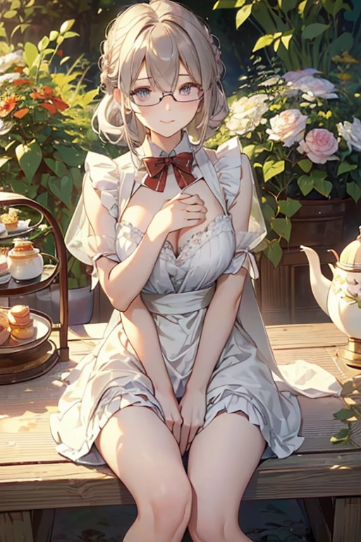 (best quality, masterpiece), (ultra high resolution, 8K RAW photo, photo realistics:1.5, textile shading, thin outline, clear focus:1.2), Beautuful Matured woman preparing tea-time in the garden, standing by the round table, (tea set, tea pot, tea cups, some cakes on dish), classy art deco style table, wearing light_brown maid uniform, breast cleavage, maid costume:1.2, long flare skirts, apron, bow ties on thechest, long tall sally, long legs, long white hair, (wearing thin-flame glasses:1.2), (milf:1.5, 28 years old, solo), (large breast, sagging breast, big tits, narrow waist), (medium short white hair, hair over one eye, (updo hair:1.2), side lock, asymmetric hair, wavy hair), (bright pupils, detailed eyes, high detailed face, Perfect face shape, eye rush), (seductitve smiling, half-closing eyes), (looking at viewers:1.3), (dynamic angle, full body, from above:1.2), ((correct anatomy:1.5, correct hands)), (ideal ratio of body proportions), (outdoor:1.2, grass field),