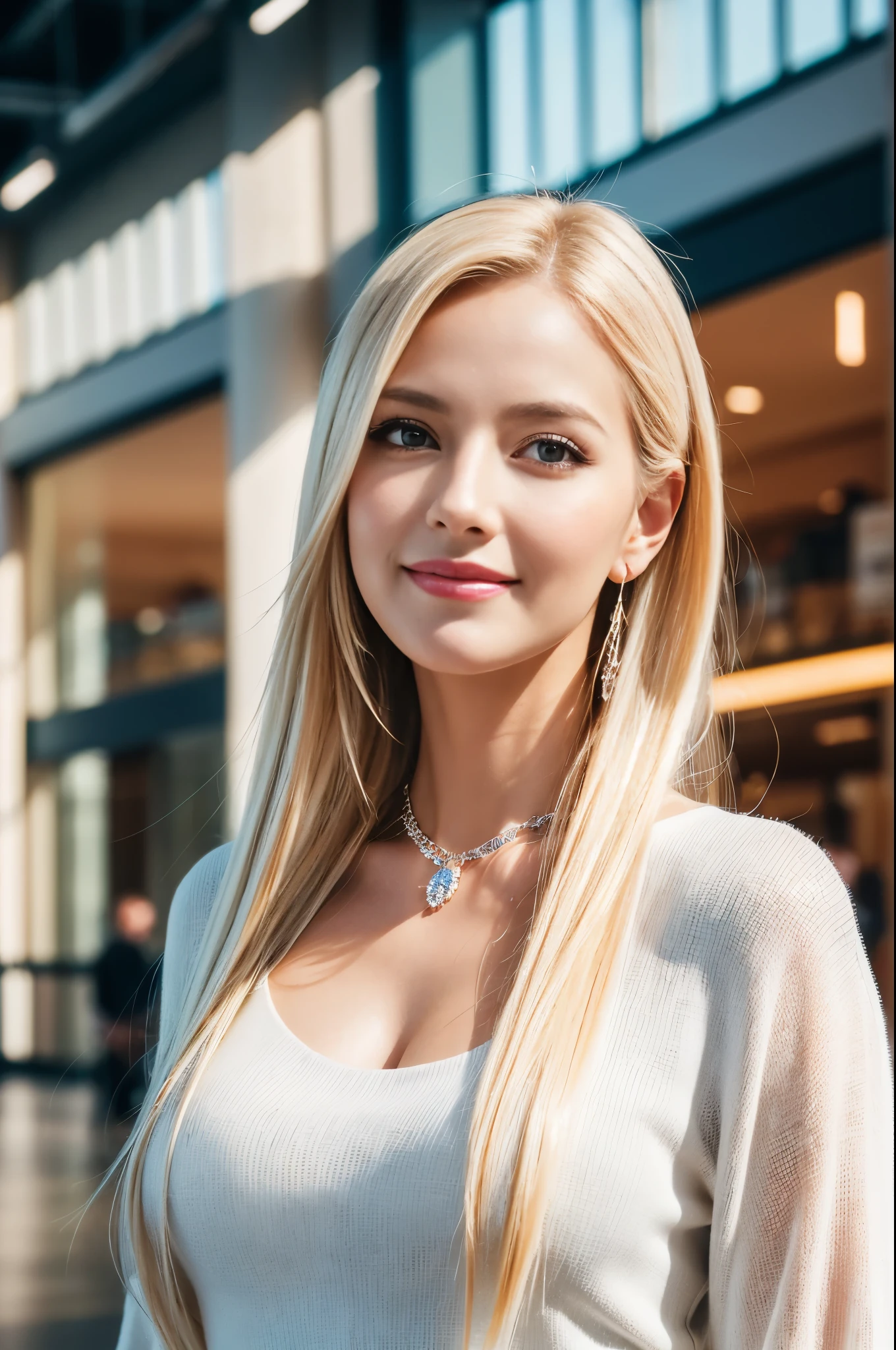 (best quality, 4k ,8k, highres, masterpiece:1.2), ultra-detailed, (realistic, photorealistic, photo-realistic:1.37), closeup, beautiful Swedish woman, beautiful smile, long lashes, beautiful makeup, platinum blonde hair, fair skin, slender figure, elegant posture, wearing large sparkling colorful jewelery, wearing a business style black leather dress, standing in a large shopping mall, gentle sunlight shining through the shopping mall windows, casting a soft glow on her face, adding warmth to the scene, vibrant colors, capturing the essence of vibrant city life, portrait style, showcasing her natural beauty and grace in a feminine way